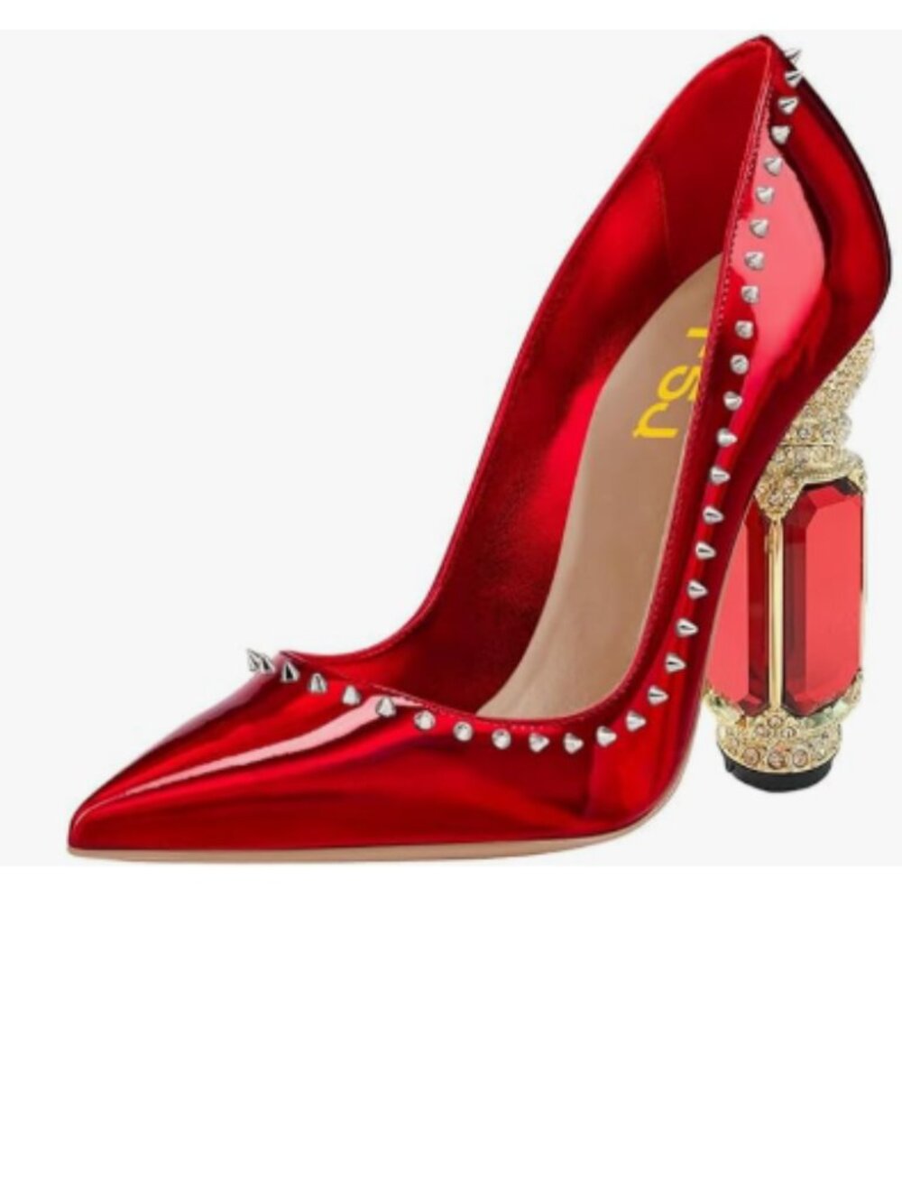 FSJ Red Mirror Bridal Pointed Toe Block High Heel Crystal Slip on Wedding Pumps